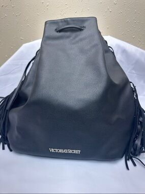 Victoria's Secret Black Faux Leather Fringe Backpack Drawstring BohoFestival Bag